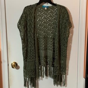Olive Green Crochet Short Sleeve Wrap Cardigan